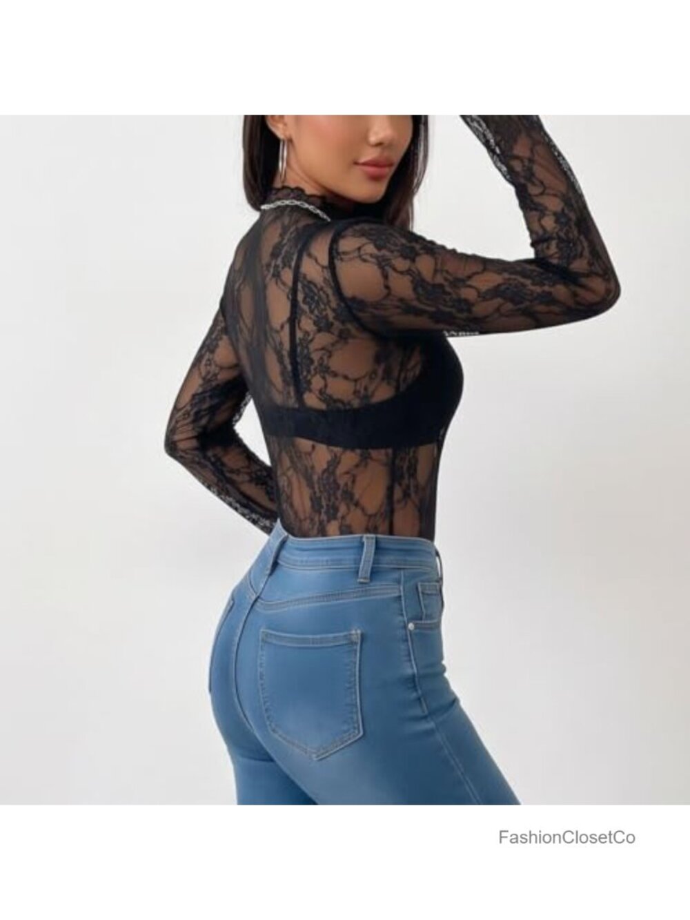 Women's Sheer Mesh Long Sleeve Lace Top Slim Fitted Blouse - Picture 3 of 6